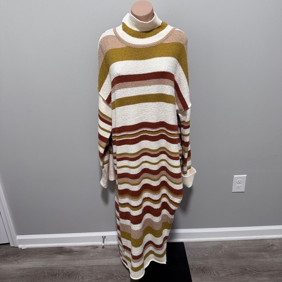 Free People Beach Atlas Pullover Turtleneck Sweater Dress Stripe Bronze Combo - Picture 2 of 9
